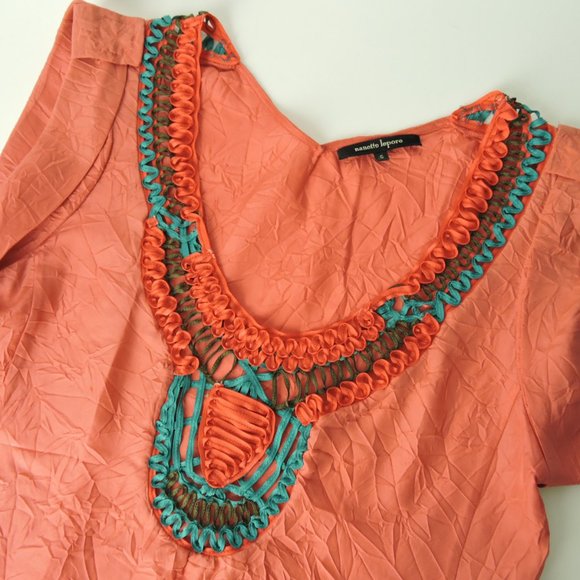 Nanette Lepore gorgeous crinkle silk coral red green embellished blouse top 0 - Picture 5 of 9